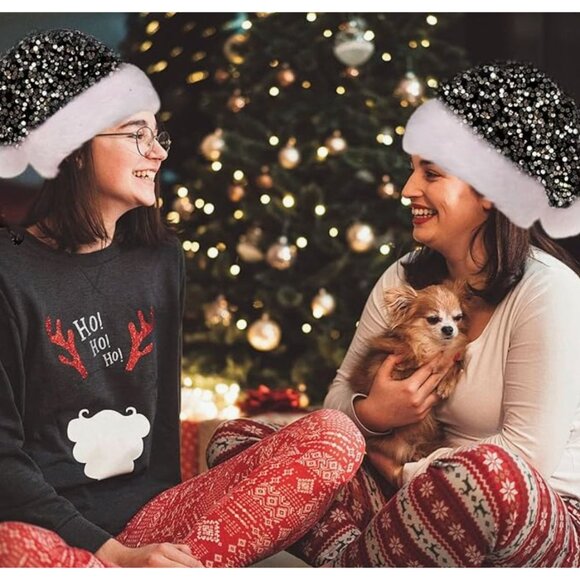 Ausejopeac 2PACK Black Christmas Hat for Adults, Personalized Sequin Santa Hat - Picture 4 of 6